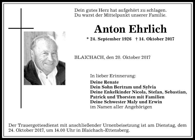  Traueranzeige für Anton Ehrlich vom 20.10.2017 aus Allgäuer Anzeigeblatt