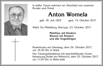 Traueranzeige von Anton Womela von Allgäuer Zeitung