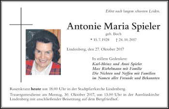 Traueranzeige von Antonie Maria Spieler von Der Westallgäuer