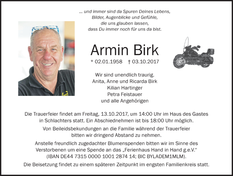  Traueranzeige für Armin Birk vom 10.10.2017 aus Der Westallgäuer