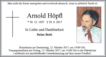 Traueranzeige von Arnold Höpfl von Allgäuer Zeitung, Füssen