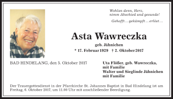 Traueranzeige von Asta Wawreczka von Allgäuer Anzeigeblatt