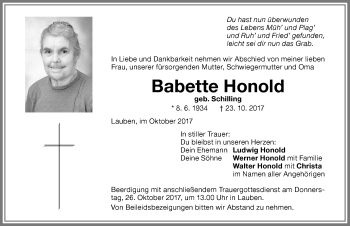 Traueranzeige von Babette Honold von Memminger Zeitung