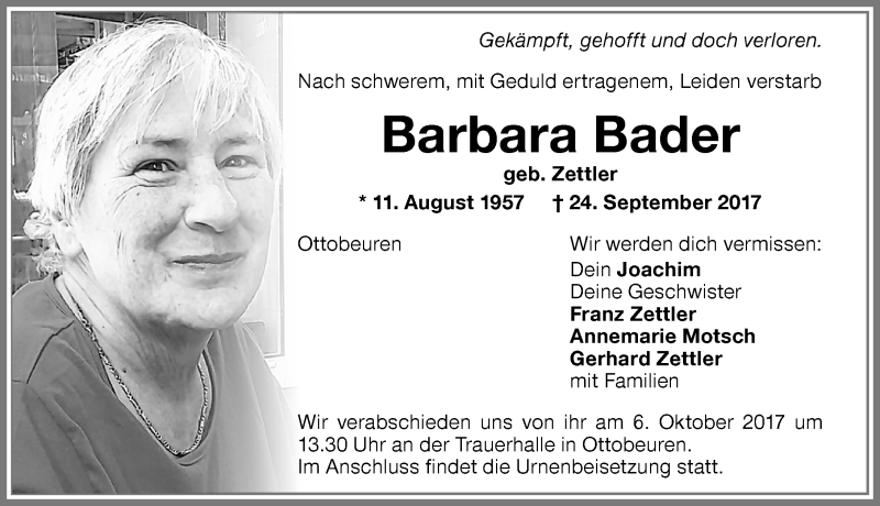  Traueranzeige für Barbara Bader vom 04.10.2017 aus Memminger Zeitung