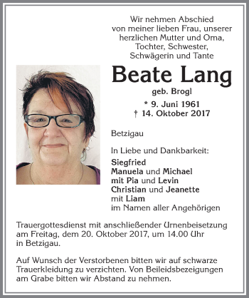 Traueranzeige von Beate Lang von Allgäuer Zeitung,Kempten