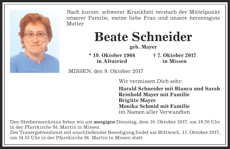  Traueranzeige für Beate Schneider vom 09.10.2017 aus Allgäuer Zeitung