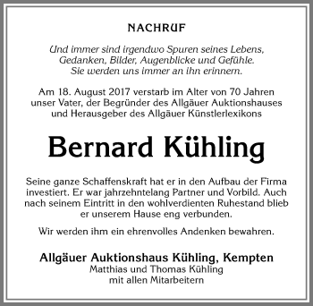 Traueranzeige von Bernard Kühling von Allgäuer Zeitung,Kempten