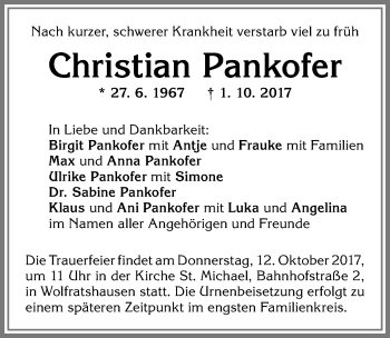 Traueranzeige von Christian Pankofer von Allgäuer Zeitung, Kaufbeuren/Buchloe