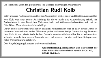 Traueranzeige von Christian Rudi Kolb von Allgäuer Zeitung, Füssen