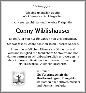 Traueranzeige von Conny Wiblishauser von Allgäuer Zeitung, Kaufbeuren/Buchloe