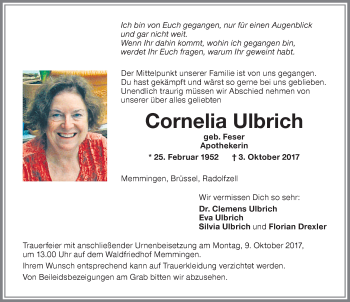 Traueranzeige von Cornelia Ulbrich von Memminger Zeitung