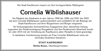 Traueranzeige von Cornelia Wiblishauser von Allgäuer Zeitung, Kaufbeuren/Buchloe