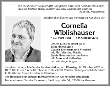 Traueranzeige von Cornelia Wiblishauser von Allgäuer Zeitung, Kaufbeuren/Buchloe