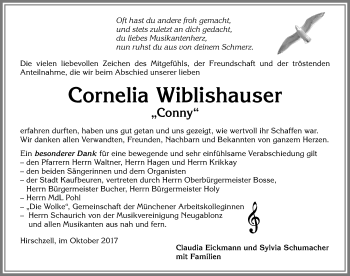 Traueranzeige von Cornelia Wiblishauser von Allgäuer Zeitung, Kaufbeuren/Buchloe