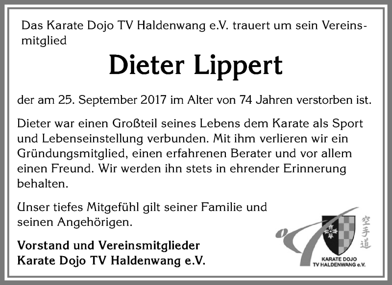  Traueranzeige für Dieter Lippert vom 05.10.2017 aus Allgäuer Zeitung,Kempten