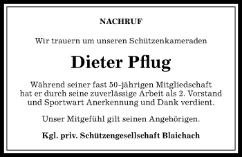 Traueranzeige von Dieter Pflug von Allgäuer Anzeigeblatt