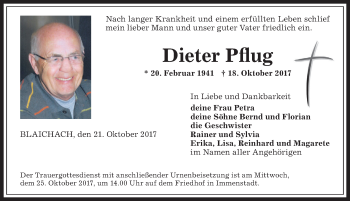 Traueranzeige von Dieter Pflug von Allgäuer Anzeigeblatt