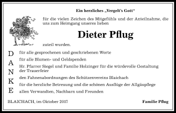 Traueranzeige von Dieter Pflug von Allgäuer Anzeigeblatt