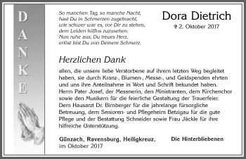 Traueranzeige von Dora Dietrich von Allgäuer Zeitung, Marktoberdorf