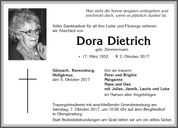 Traueranzeige von Dora Dietrich von Allgäuer Zeitung, Marktoberdorf