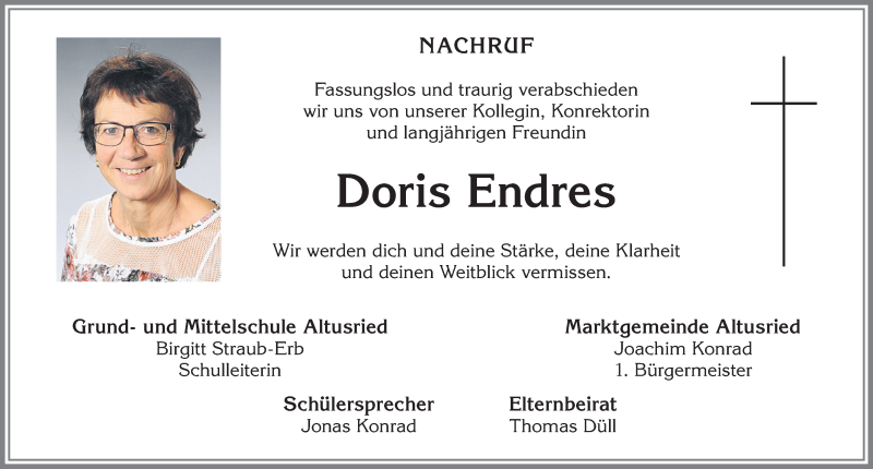  Traueranzeige für Doris Endres vom 12.10.2017 aus Allgäuer Zeitung,Kempten