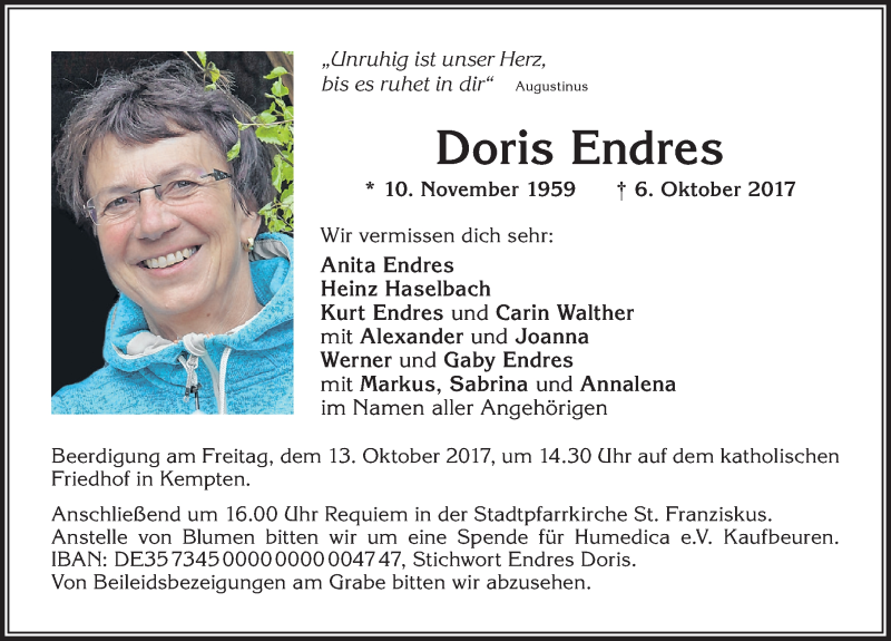  Traueranzeige für Doris Endres vom 11.10.2017 aus Allgäuer Zeitung