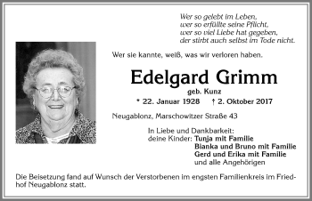 Traueranzeige von Edelgard Grimm von Allgäuer Zeitung, Kaufbeuren/Buchloe