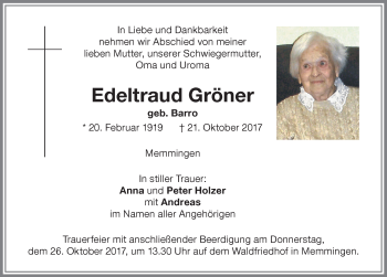 Traueranzeige von Edeltraud Gröner von Memminger Zeitung