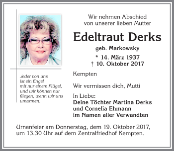 Traueranzeige von Edeltraut Derks von Allgäuer Zeitung,Kempten