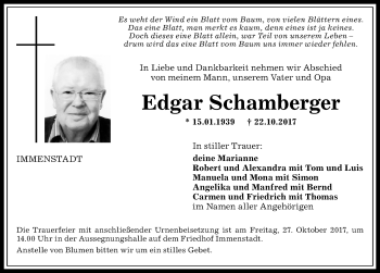 Traueranzeige von Edgar Schamberger von Allgäuer Anzeigeblatt