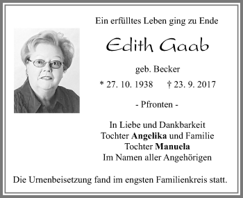 Traueranzeige von Edith Gaab von Allgäuer Zeitung, Füssen
