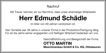 Traueranzeige von Edmund Schädle von Memminger Zeitung