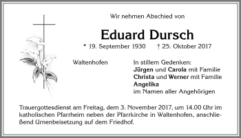 Traueranzeige von Eduard Dursch von Allgäuer Zeitung,Kempten