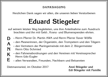 Traueranzeige von Eduard Stiegeler von Allgäuer Zeitung,Kempten