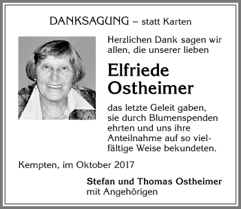 Traueranzeige von Elfriede Ostheimer von Allgäuer Zeitung,Kempten