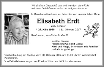 Traueranzeige von Elisabeth Erdt von Allgäuer Zeitung, Kaufbeuren/Buchloe