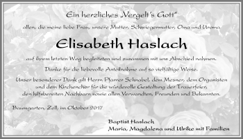 Traueranzeige von Elisabeth Haslach von Allgäuer Zeitung, Füssen