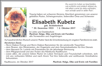 Traueranzeige von Elisabeth Kubetz von Allgäuer Zeitung, Kaufbeuren/Buchloe