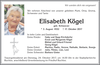 Traueranzeige von Elisabeth Kögel von Allgäuer Zeitung, Kaufbeuren/Buchloe