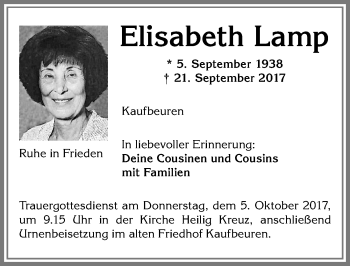 Traueranzeige von Elisabeth Lamp von Allgäuer Zeitung, Kaufbeuren/Buchloe