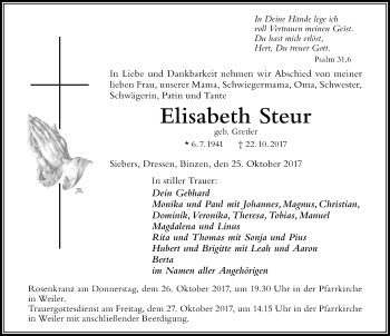 Traueranzeige von Elisabeth Steur von Der Westallgäuer