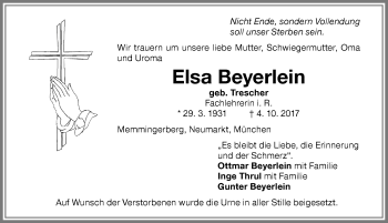 Traueranzeige von Elsa Beyerlein von Memminger Zeitung