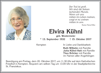 Traueranzeige von Elvira Kühnl von Allgäuer Zeitung,Kempten