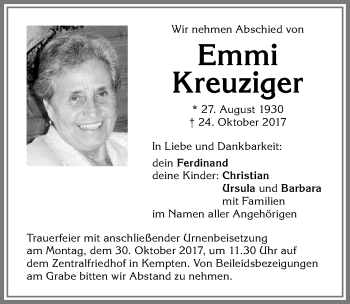 Traueranzeige von Emmi Kreuziger von Allgäuer Zeitung,Kempten