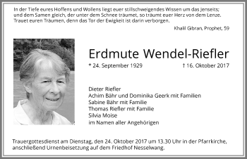 Traueranzeige von Erdmute Wendel-Riefler von Allgäuer Zeitung, Füssen