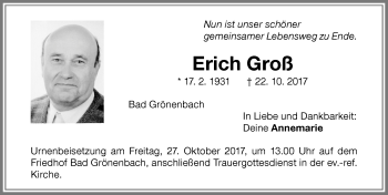 Traueranzeige von Erich Groß von Memminger Zeitung