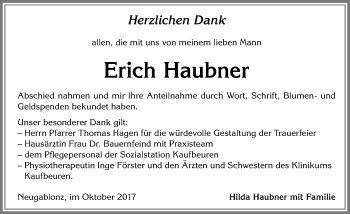Traueranzeige von Erich Haubner von Allgäuer Zeitung, Kaufbeuren/Buchloe