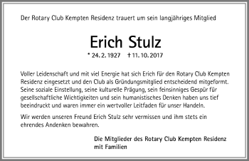 Traueranzeige von Erich Stulz von Allgäuer Zeitung,Kempten