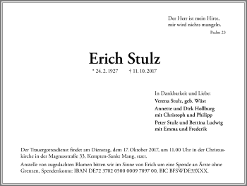 Traueranzeige von Erich Stulz von Allgäuer Zeitung,Kempten