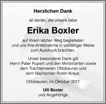 Traueranzeige von Erika Boxler von Memminger Zeitung